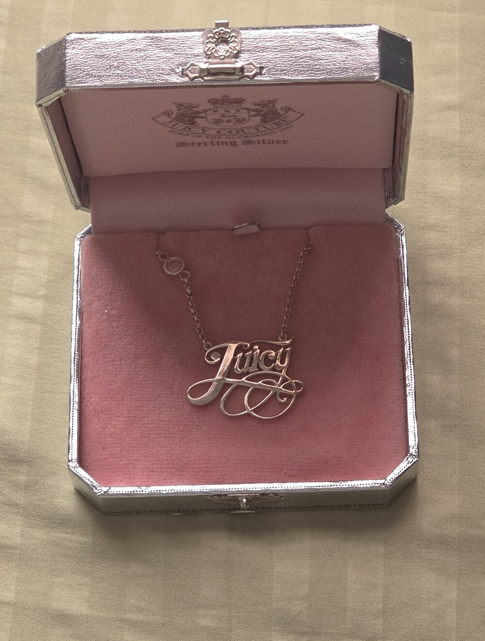 Juicy Couture Silver Script Pendant Necklace - Pink